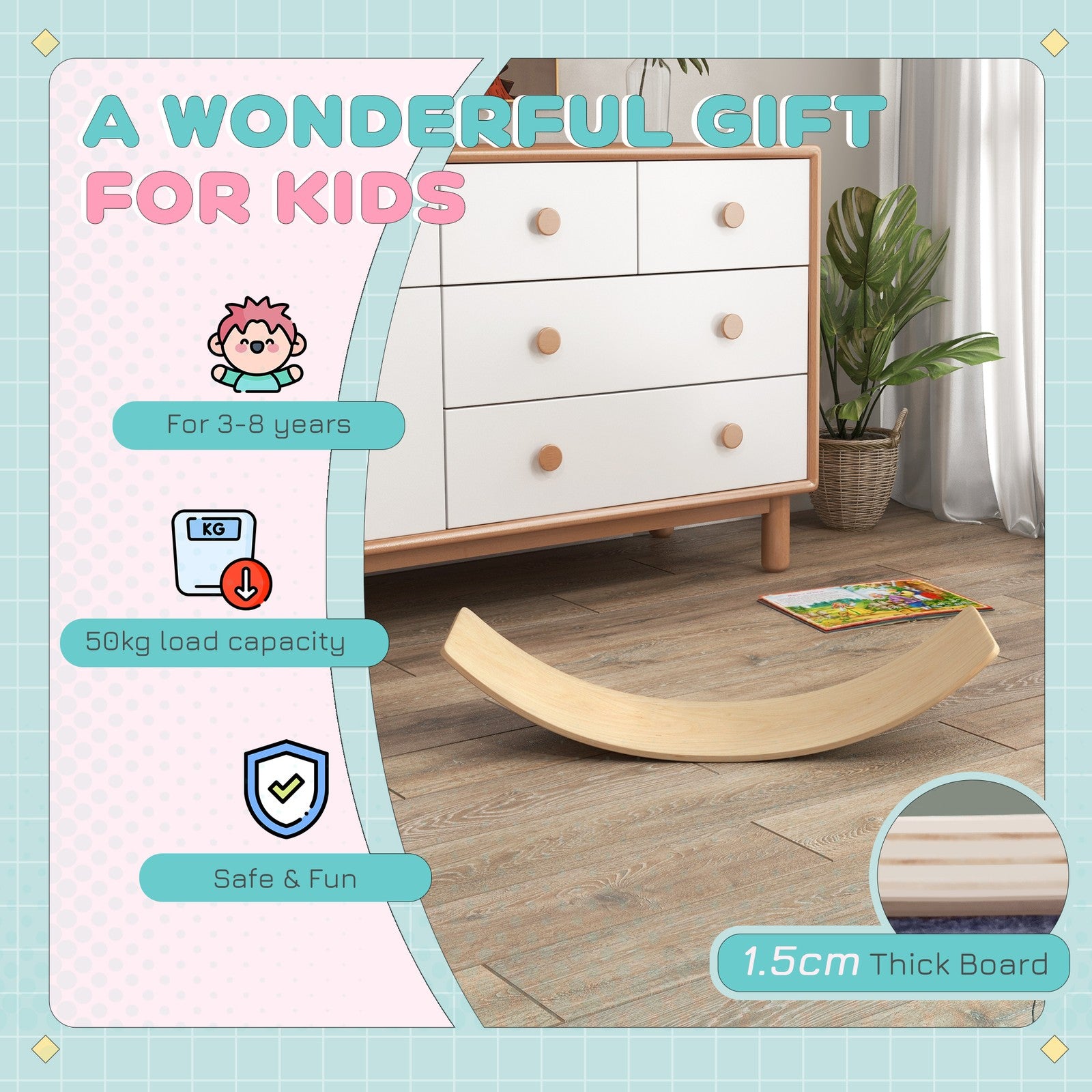 Kids Wooden Balance Board for Children, Wobble Board for 3-8 Years Old